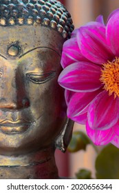 Buddha Face And Flower. Spiritual Meditation And Zen Buddhism Nature Image. Close Up Of A Gold Serene Buddha Head Statue With Pink Tone Lotus Type Flower In Bloom. Calming Peaceful Modern Design