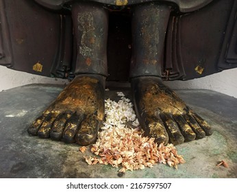 Buddha Feet And Worship Flowers Of Thailand