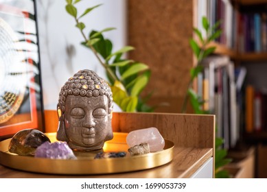 Buddha Head With Crystals. Balance And Calm Energy Flow In Home.