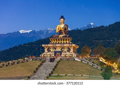 The Buddha Park Of Ravangla And Star Treks Sky On Background At Night, It Is Situated Near Rabong In South Sikkim District, Sikkim, India