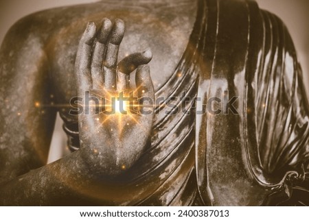 Buddha statue hand gestures in Mudras with sign of wisdom light and peaceful image buddhist religion culture