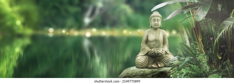 buddha statue on a rock lakeside, natural spa background with asian spirit, tranquility in green nature, web banner concept with copy space
