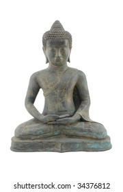 Buddha statue on white background.  A metal artifact that is simple with clean lines.