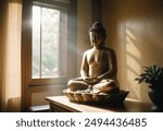 Buddha statuette home decoration in living room with soft light and window