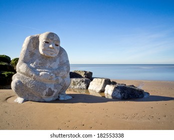 Buddha Stone Statue On The Beach At Cleveleys, Lancashire, UK