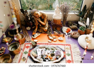 Buddha's Home Altar With Stones And Offerings