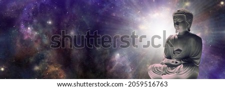  Buddhism Enlightenment Celestial Message Background - Buddha seated in lotus position on right against a dark purple  blue heavenly cosmic sky background with space for copy
                         
