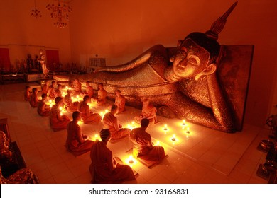 Buddhism Monk Sit In The Temple In Thailand.