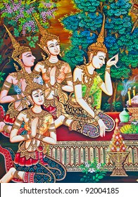 Buddhist Art Paint Style In Public Temple Of Thailand
