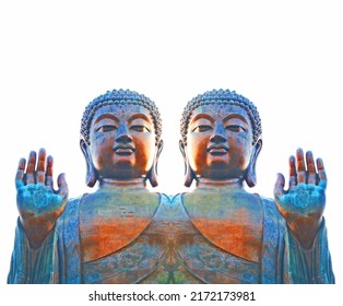 Buddhist God In An Abhaya Mudra. An Oxidized Ancient Statue Of Lord Buddha With Effect. Buddha Figure Holding Up A Right Hand, A Symbol Of Fearlessness And Reassurance In A Mirror Effect.