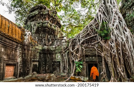 Buddhist monk at Angkor Wat. Ancient Khmer architecture, Ta Prohm temple ruins hidden in jungles. Popular travel destination at Siem Reap, Cambodia