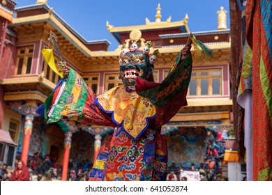 Buddhist Monk With Dragon Mask Dancing At Colorful Buddhism Mask Dance Festival Of Matho In Ladahk, Jammu And Kashmir, India.