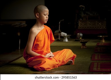 Buddhist monk meditation in temple.