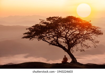 Buddhist Monk In Meditation Under The Tree At Beautiful Sunset Or Sunrise Background 