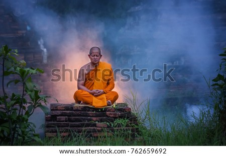 Buddhist Monk Meditation. Wat Choeng Tha is an ancient temple built in the Ayutthaya period.