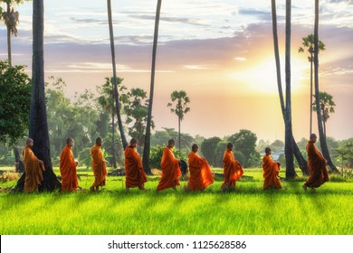 Buddhist monk and Buddhist novice with good spiritual going about with alms bowl to receive food from people in morning by walking in row across rice field with palm trees to village in Thailand - Powered by Shutterstock