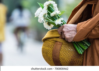 Buddhist Monks Alms Giving Ceremony In The Morning.