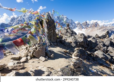 Buddhist Prayer Flags Stones, Gokyo Ri Mountain Summit Peak Ascent, Snow Mountains Peaks. Everest Base Camp Trail Route, Trekking Nepal Culture, Himalaya Ridge Traveling.