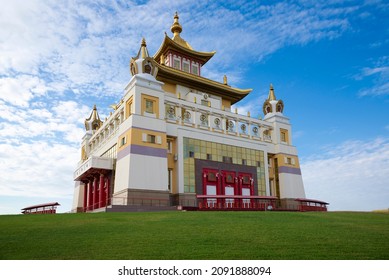 Buddhist temple "Golden Abode of Buddha Shakyamuni" against a cloudy sky. Elista, Republic of Kalmykia, Russia