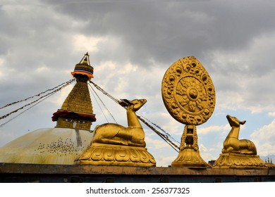 Buddhist Wheel of Life with giant Boudhanath Stupa, Kathmandu, Nepal