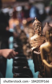 Buddhists Make Merit, Pay Coins In The Monk Bowls In Temple . Selective Focus.
