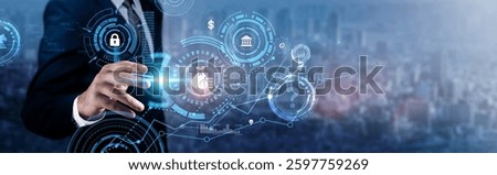 Budget: Businessman analyzing technological data and financial planning, cost management, expenditure tracking, resource allocation, budget forecasting, financial strategy, and economic analysis.