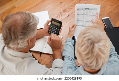 Budget, Finance And Senior Couple With Calculator Planning Financial Investments, Mortgage And Tax Papers. Elderly Woman Counting Bills, Debt And Pension Fund On Bank Statement With Partner At Home