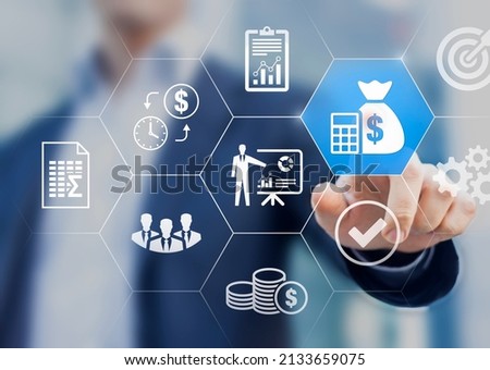 Budget and financial planning concept with manager or executive CFO crafting or validating company's yearly income and expenses forecast. Corporate finance and annual strategic plan.