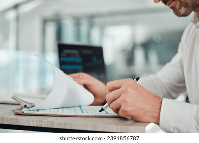 Budget, planning and hands of businessman with finance, audit and accounting in office with laptop or pen. Accountant, check or balance investment paper, document or tax report on desk in clipboard