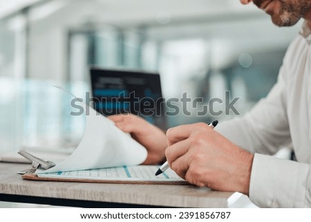 Budget, planning and hands of businessman with finance, audit and accounting in office with laptop or pen. Accountant, check or balance investment paper, document or tax report on desk in clipboard