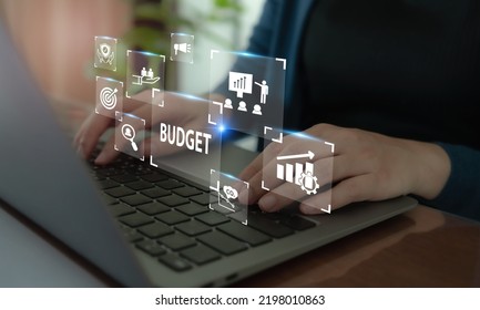 Budget Planning And Management Concept. Company Budget Allocation For Business Or Project Management. Effective And Smart Budgeting. Plan, Review, Approve, Allocate, Analyze And Optimize Budgets.