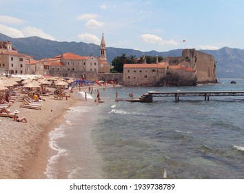 Budva, Montenegro - 08.17.2016: Budva Old Town Beach. People Sunbathing On The Budva Beach. Summer Season In Montenegro, Adriatic Sea.