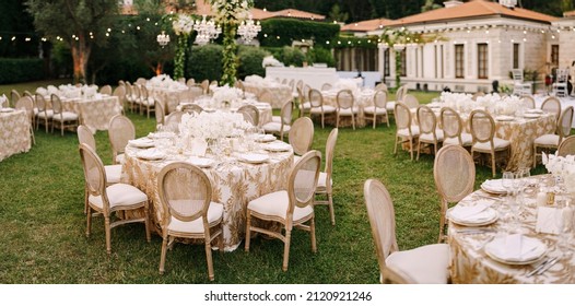 Budva, Montenegro - 15.07.21: Wedding dinner table reception. Elegant tables for guests 