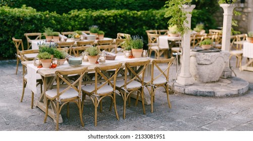 Budva, Montenegro - 17.07.21: Wedding Dinner Table Reception At Sunset Outside