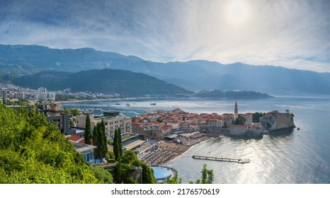 Budva Old Town Morning Summer Panorama View, Montenegro. People Are Unrecognizable.