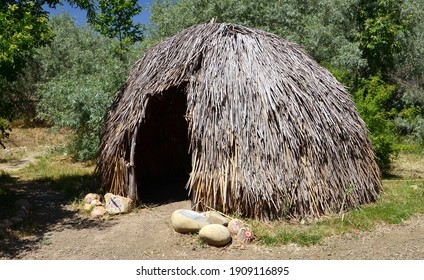 Buellton, California, USA - April 20. 2017: A replica of an early Chumash ap (house) at the Santa Ynez Botanical Garden. The Chumash are a Native American tribe located in California.
