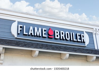 Buena Park, California/United States - 08/05/2019: A Store Front Sign For The Rice Bowl Restaurant Chain Known As Flame Broiler