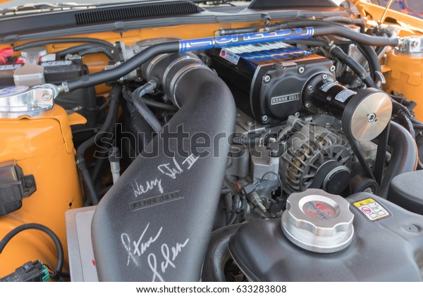 Buena Park, USA - April 30, 2017: Ford Mustang\
Shelby GT engine fifth generation on display during the Fabulous\
Fords Forever