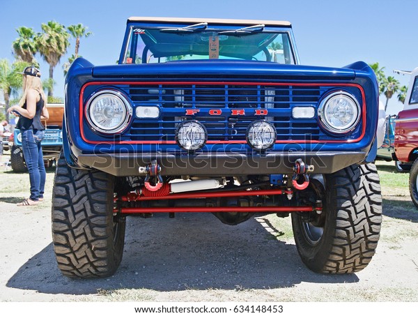 BUENA PARK/CALIFORNIA - APRIL 30, 2017: Vintage Ford\
Bronco parked at a gathering of similar cars and trucks in Buena\
Park, California USA 