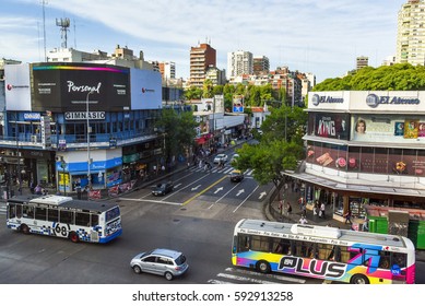 Buenos Aires, Argentina - 17 Mar, 2016: Aerial daytime view of the Cabildo Avenue with buses and pedestrians.