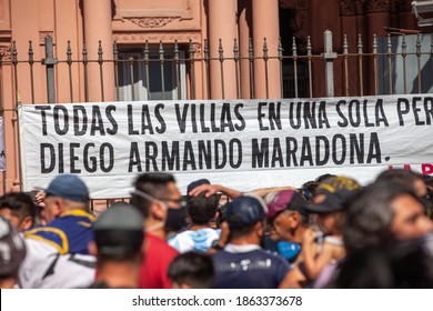 Buenos Aires, Argentina - 26 November, 2020: Flags With Slogans Raised On The Day Of Farewell To Diego Maradona