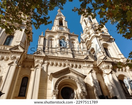 Buenos Aires, Argentina - Apr 29, 2023: Low angle shot of the facade of St. Felicitas Church, from 1876, in the neighborhood of Barracas, Buenos Aires, Argentina.