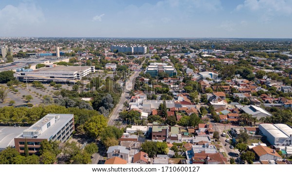 Buenos Aires, Argentina; April 10 2020:
Aerial view with drone of the empty city in Martinez, Buenos Aires,
Argentina due to quarantine of
covid-19.