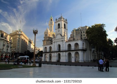 BUENOS AIRES, ARGENTINA – APRIL 17: The Cabildo is one of the most prominent landmarks located on the Plaza de Mayo in Buenos Aires April 17, 2019 in Buenos Aires, Argentina