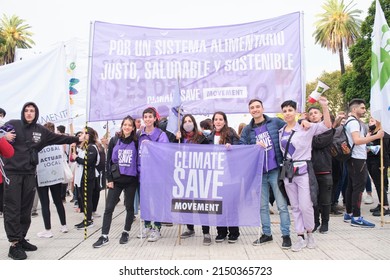 Buenos Aires, Argentina; April 22, 2022: Earth Day Demonstration, Group Of Environmental Activists, Banner About Ecology And Sustainability: For A Fair, Healthy And Sustainable Food System.