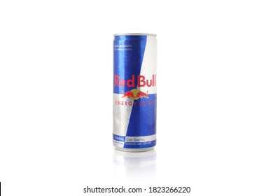 Buenos Aires, Argentina - August 19, 2020. Can Of Red Bull Sugar Free Energy Drink. Energy Drink Without Alcohol. On White Background.