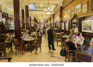 BUENOS AIRES, ARGENTINA - AUGUST 21, 2014: The ancient Cafe Tortoni on August 21, 2014 in Buenos Aires city, Argentina. Inaugurated in 1858, moved to its present location in 1880.