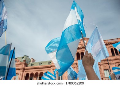 Buenos Aires, Argentina, December 7, 2019: Argentine Flags At The Farewell To President Mauricio Macri In The Plaza De Mayo.