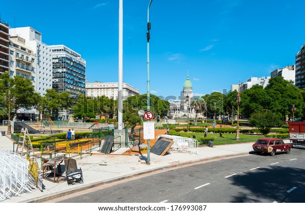 BUENOS AIRES, ARGENTINA - FEB 15, 2014:\
Congressional Plaza (Plaza Congreso) is a public park facing the\
Argentine Congress in Buenos Aires. It\'s the Kilometre Zero for all\
Argentine National\
Highways
