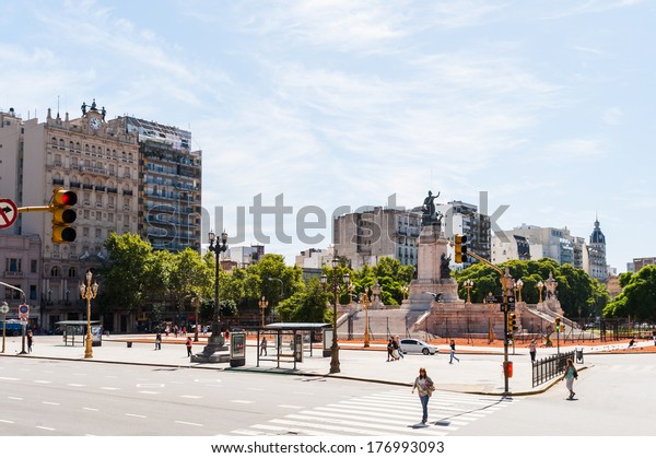 BUENOS AIRES, ARGENTINA - FEB 15, 2014:\
Congressional Plaza (Plaza Congreso) is a public park facing the\
Argentine Congress in Buenos Aires. It\'s the Kilometre Zero for all\
Argentine National\
Highways